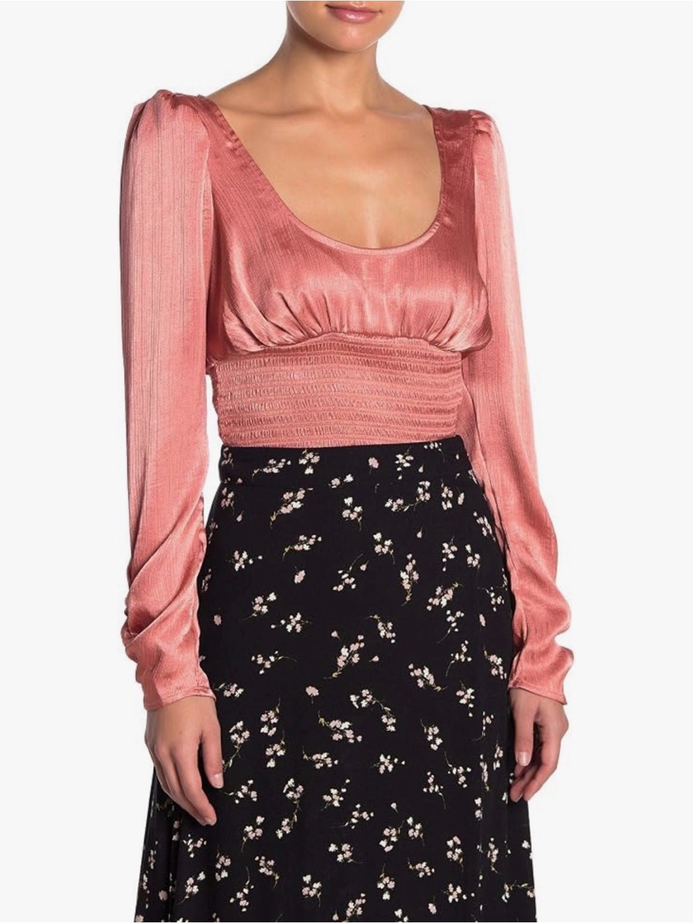 Free People Women's Santiago Cropped Smocked Blouse, Pink Cinnamon, Small